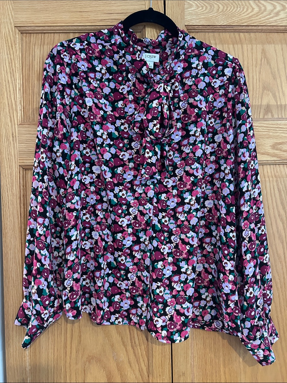 J. Crew Floral Tie-Neck Blouse in Burgundy, Pink, White